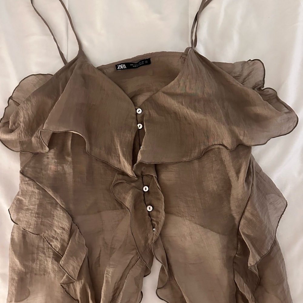 Zara Tan Ruffled Blouse Tank - Picture 1 of 5